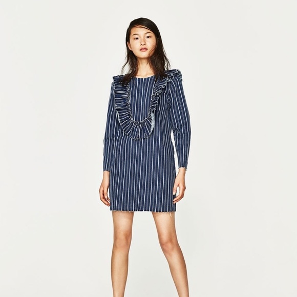 NWT ZARA DENIM DRESS WITH FRILL COLLAR - Picture 4 of 8